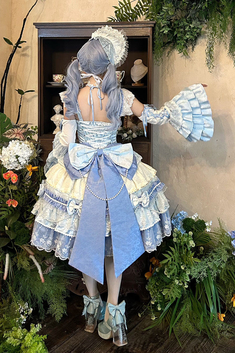 Blue [Falling Sakura] Multi-Layered Ruffled Hanayome Bow Lace Sweet Plus Size Princess Lolita Jsk Dress - Product - 3