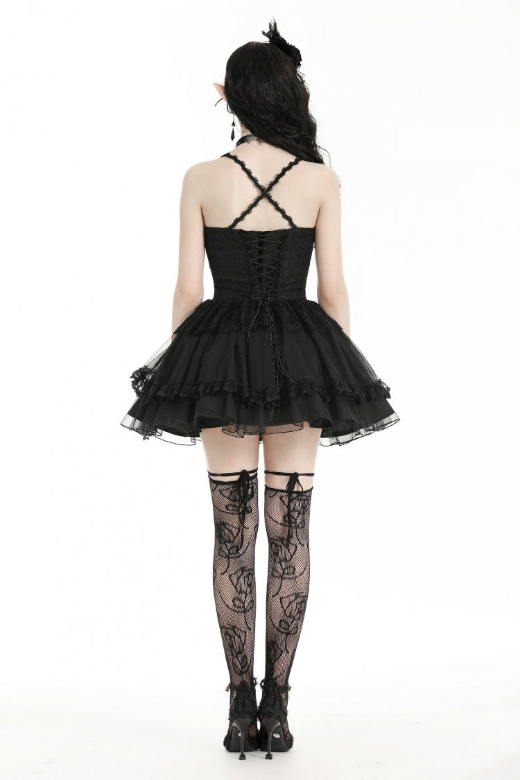 Black V Collar Sleeveless Multi-Layered Lace Trim Lace-Up Women's Gothic Party Slip Graduation Dress - Product - 4