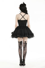 Black V Collar Sleeveless Multi-Layered Lace Trim Lace-Up Women's Gothic Party Slip Graduation Dress - Product - 4
