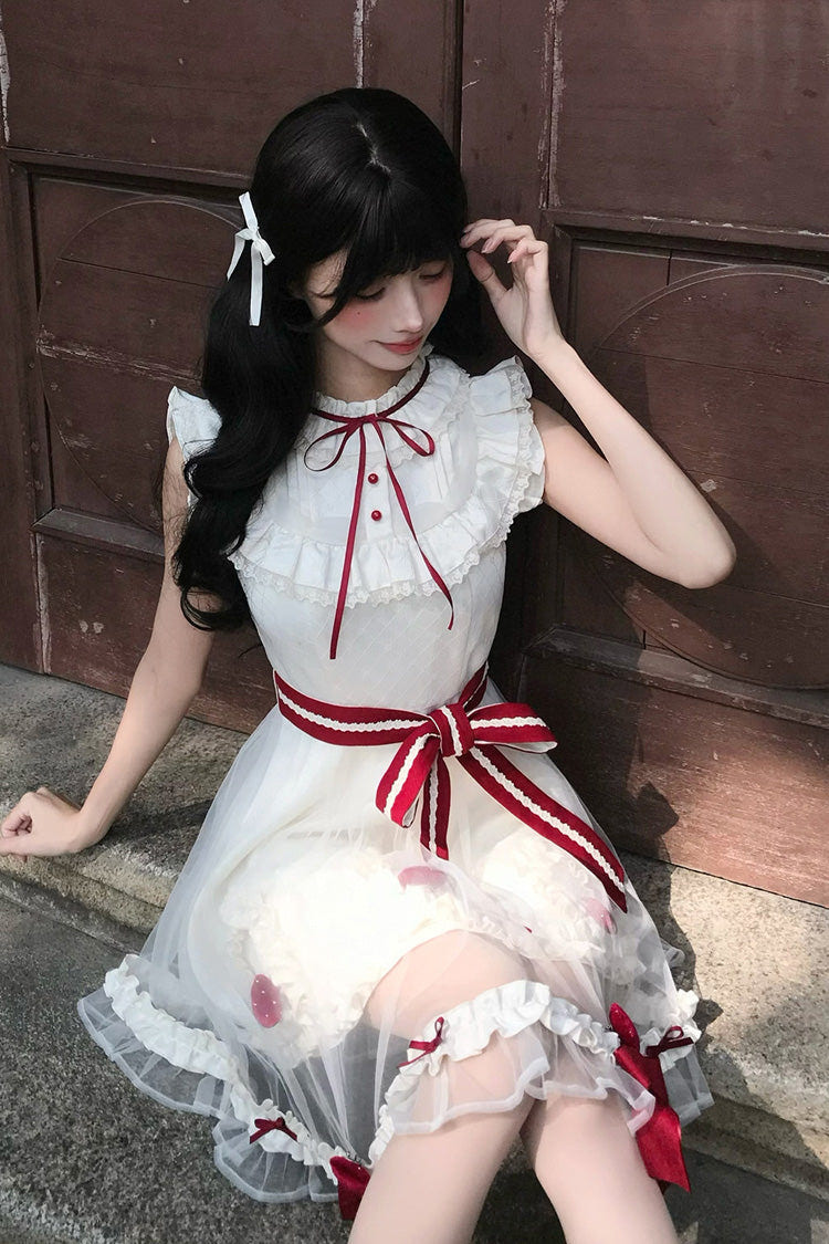 Ivory [Strawberry Mousse Cake] Stand Collar Sleeveless Mesh Ruffled Bow Lace Sweet Lolita Dress - Product - 8