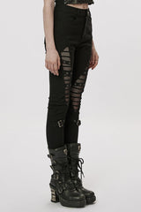 Black Hollow Japanese Buckles Stitching Mesh Women's Gothic Leggings - Product - 2