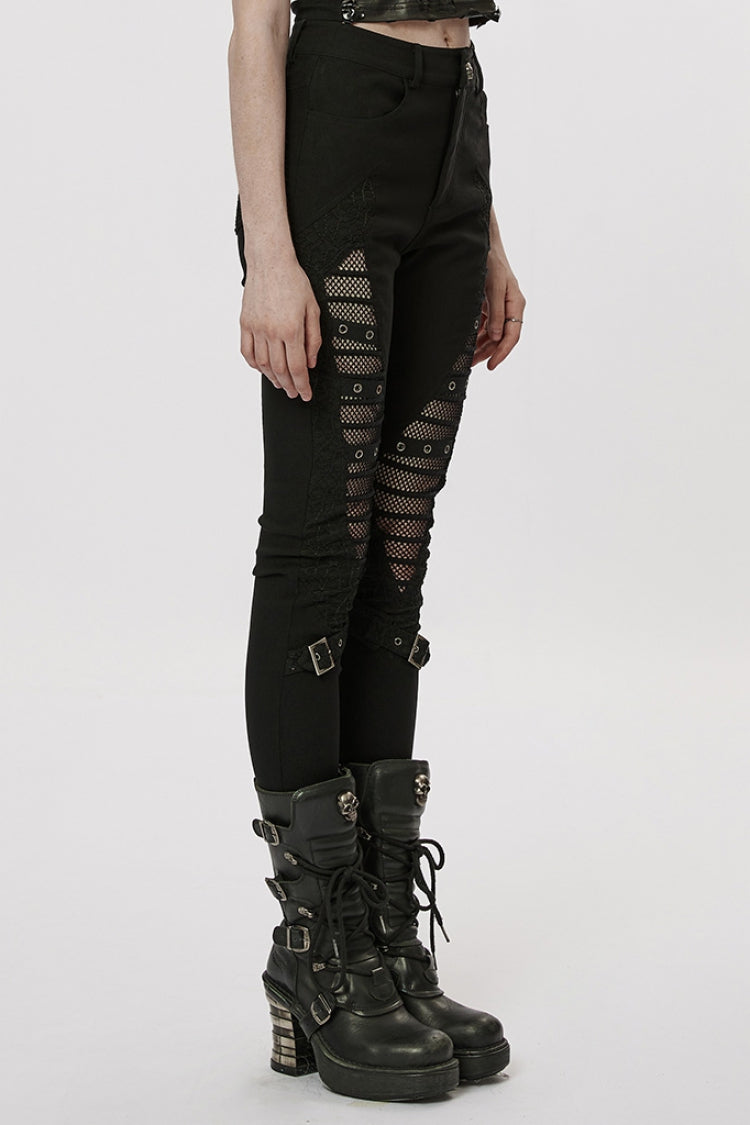 Black Hollow Japanese Buckles Stitching Mesh Women's Gothic Leggings - Product - 2