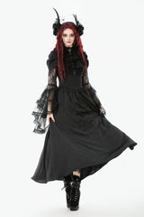 Black Stand Collar Trumpet Sleeves Multi-Layered Ruffled Lace Lace-Up Women's Gothic Wedding Dress - Product - 9