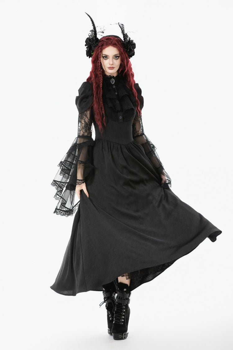 Black Stand Collar Trumpet Sleeves Multi-Layered Ruffled Lace Lace-Up Women's Gothic Wedding Dress - Product - 9