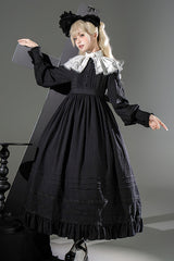 Black/White [Quiet Place] Long Sleeves Jacquard Ruffle Embroidery Bowknot Gothic Lolita Dress - Product - 3