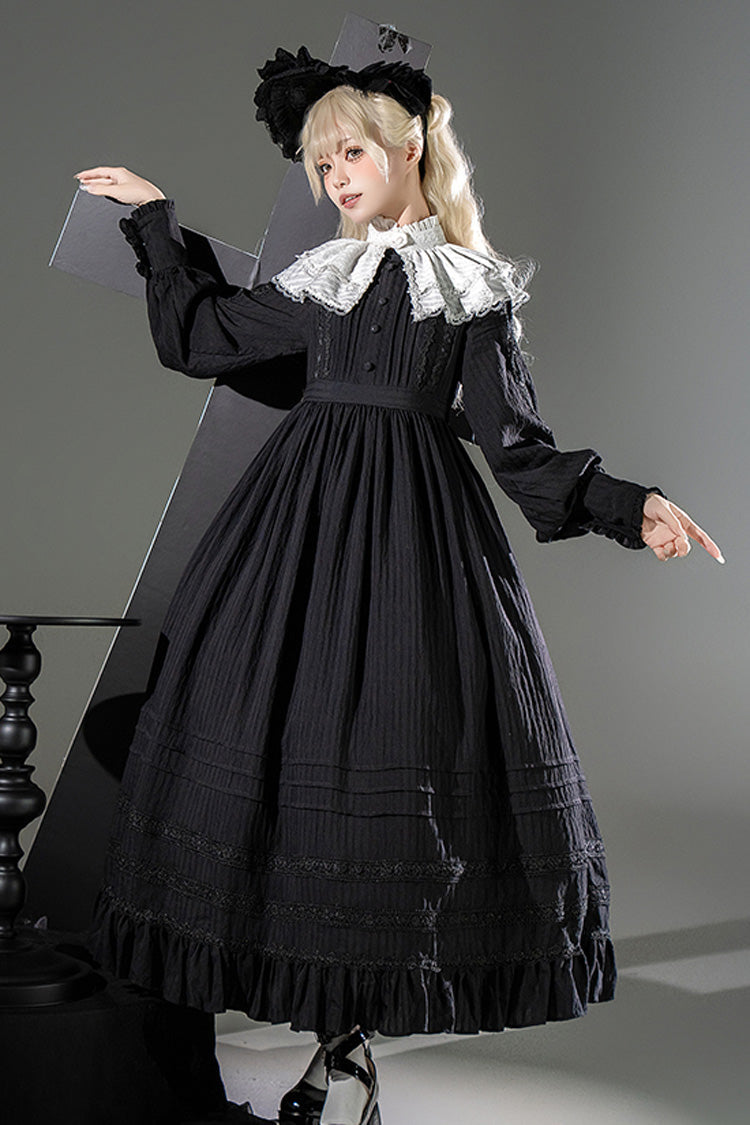 Black/White [Quiet Place] Long Sleeves Jacquard Ruffle Embroidery Bowknot Gothic Lolita Dress - Product - 3