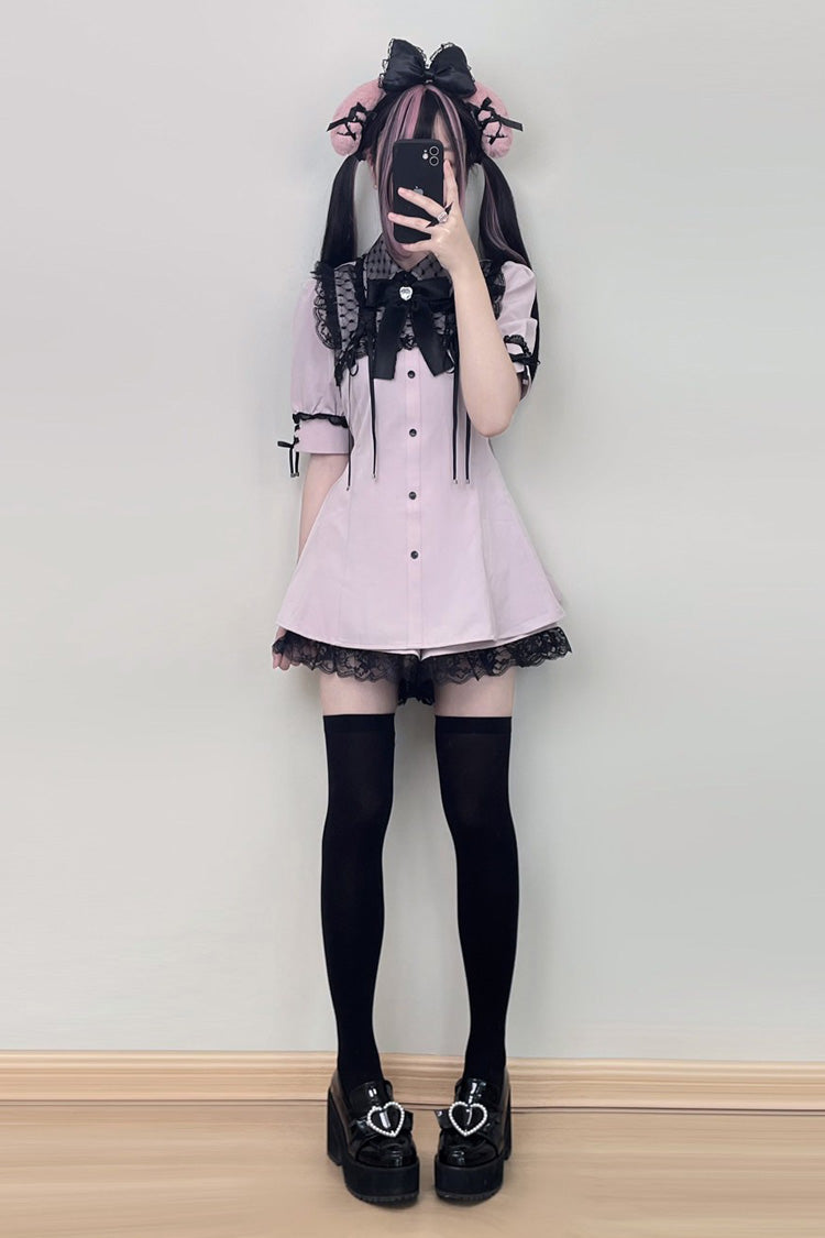 Pink Short Sleeves Lace Jirai Kei Japanese Dress - Product - 3