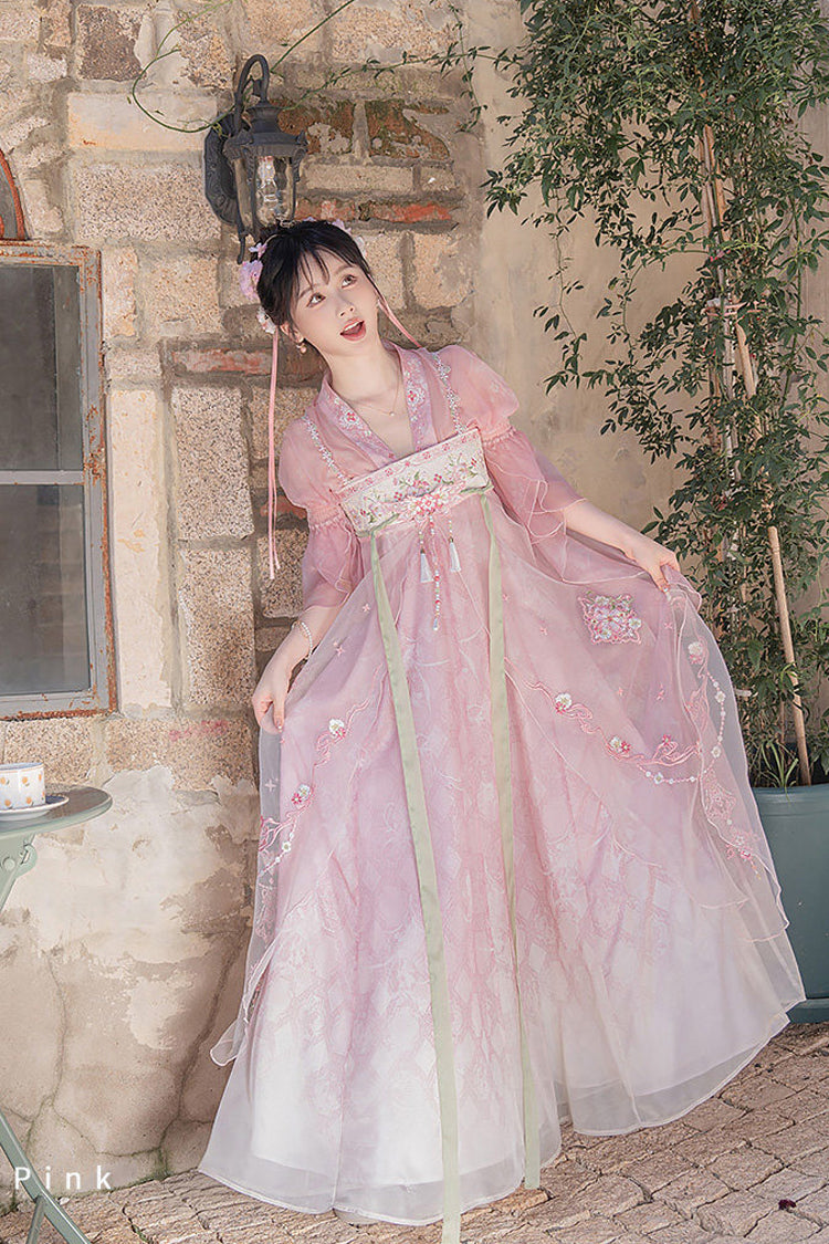 Pink Tang Dynasty V Collar High Waisted Embroidered Women's Daily Sweet Hanfu Dress Set - Product - 2