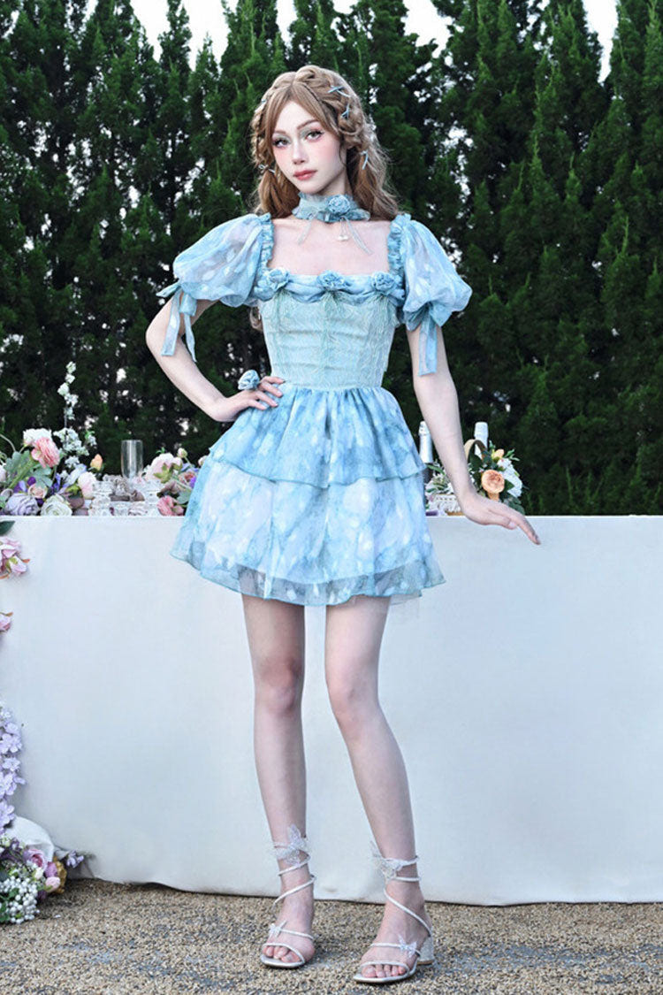 Blue Square Collar Short Puff Sleeves Multi-Layered Print Ruffle Bowknot Tie-dyed Sweet Princess Lolita Dress - Product - 2
