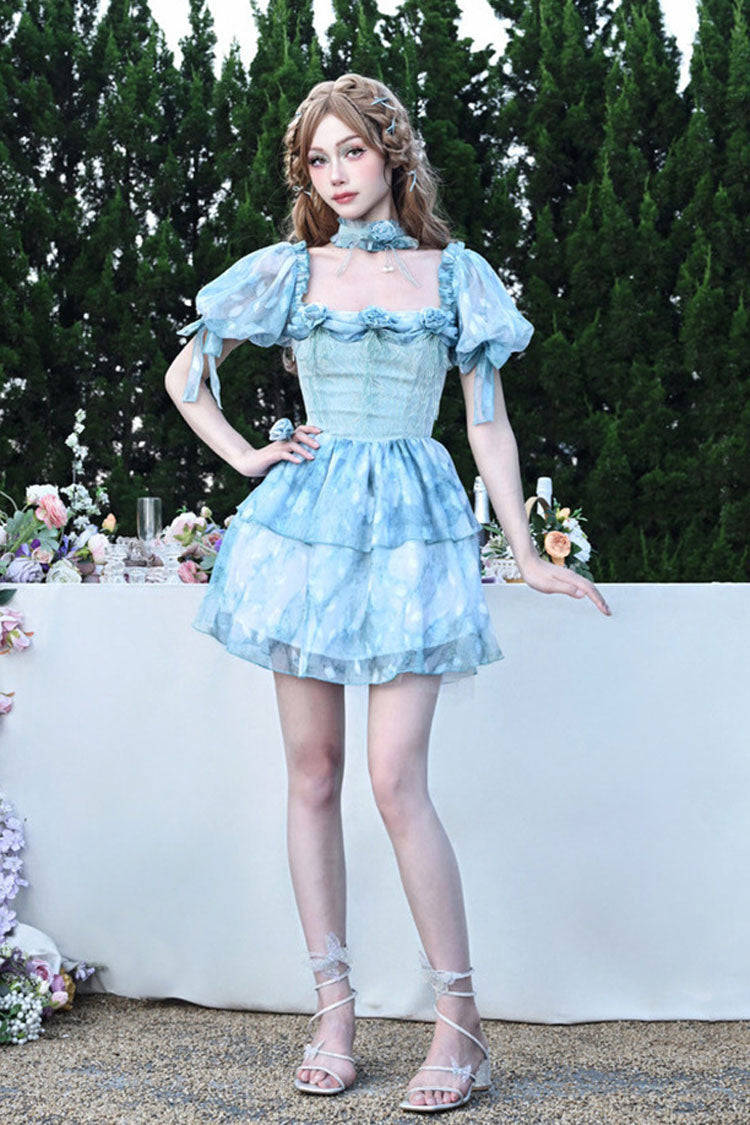 Blue Square Collar Short Puff Sleeves Multi-Layered Print Ruffle Bowknot Tie-dyed Sweet Princess (Dress Only) detail view 2