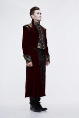 Black/Red Jacquard Gold Faded Buttons Fleece Long Men's Gothic Coat - Product - 3