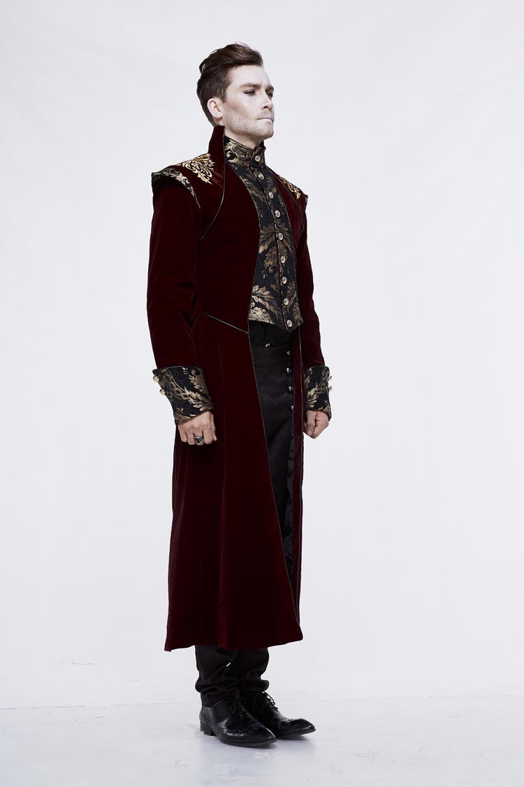 Black/Red Jacquard Gold Faded Buttons Fleece Long Men's Gothic Coat - Product - 3