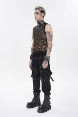 Black Round Collar Sleeveless Cut-Out Mesh Ripped Chain-Decorated Eyelet Men's Punk Cool Vest - Product - 3