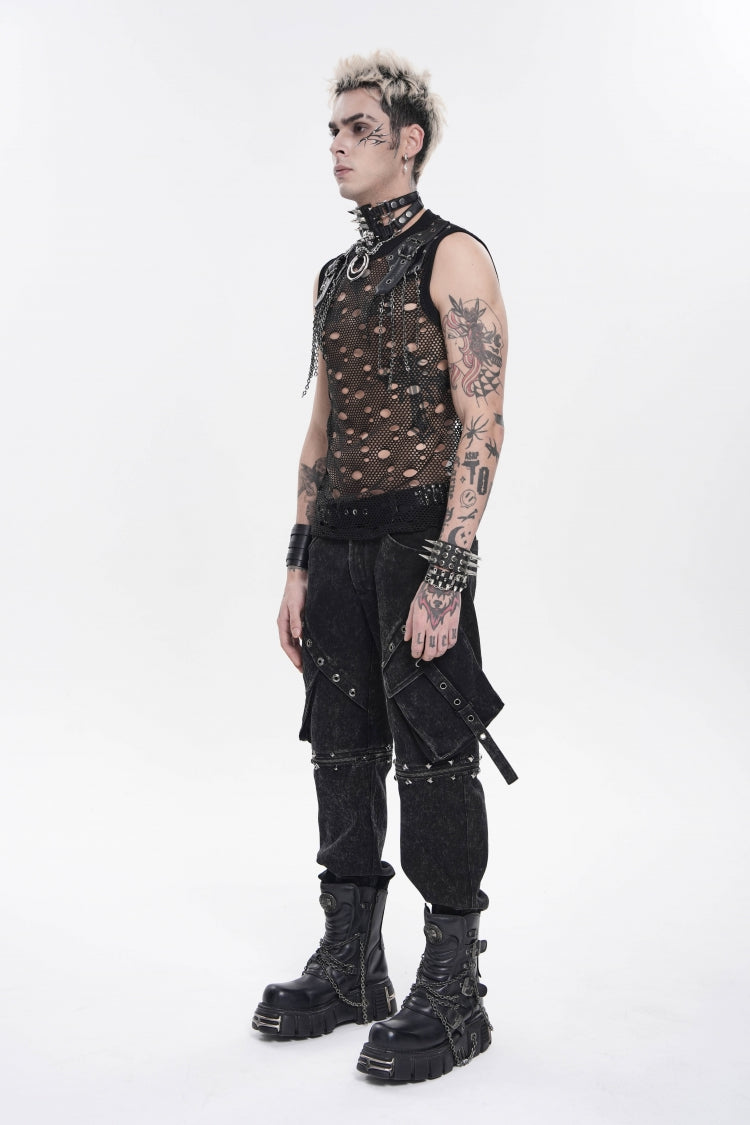 Black Round Collar Sleeveless Cut-Out Mesh Ripped Chain-Decorated Eyelet Men's Punk Cool Vest - Product - 3