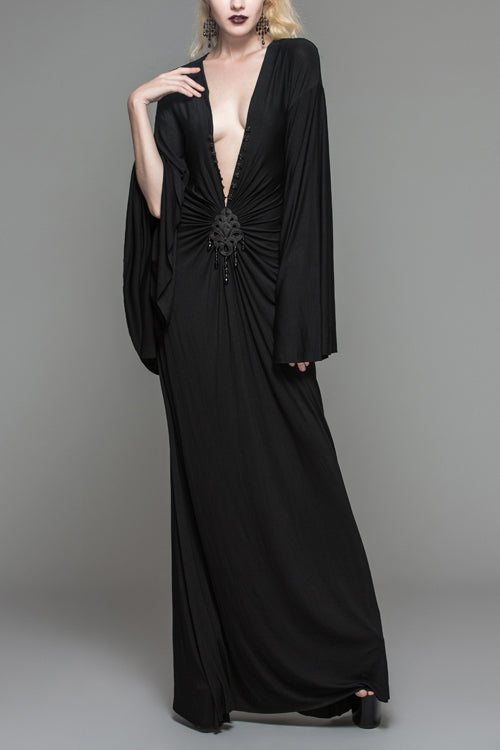Black Frog Button Sexy Bat Sleeve Deep V Neck Gothic Womens Dress - Black - 1