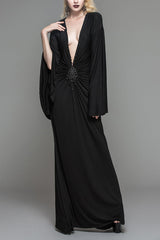 Black Frog Button Sexy Bat Sleeve Deep V Neck Gothic Womens Dress - Black - 1