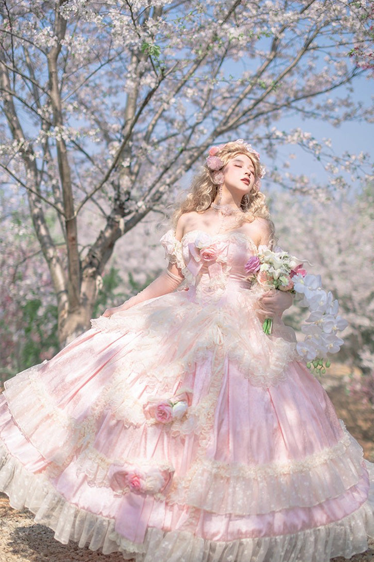 Pink [Love and Roses] Ruffle Hanayome Bowknot Lace Sweet Princess Lolita Jsk Dress - Product - 6