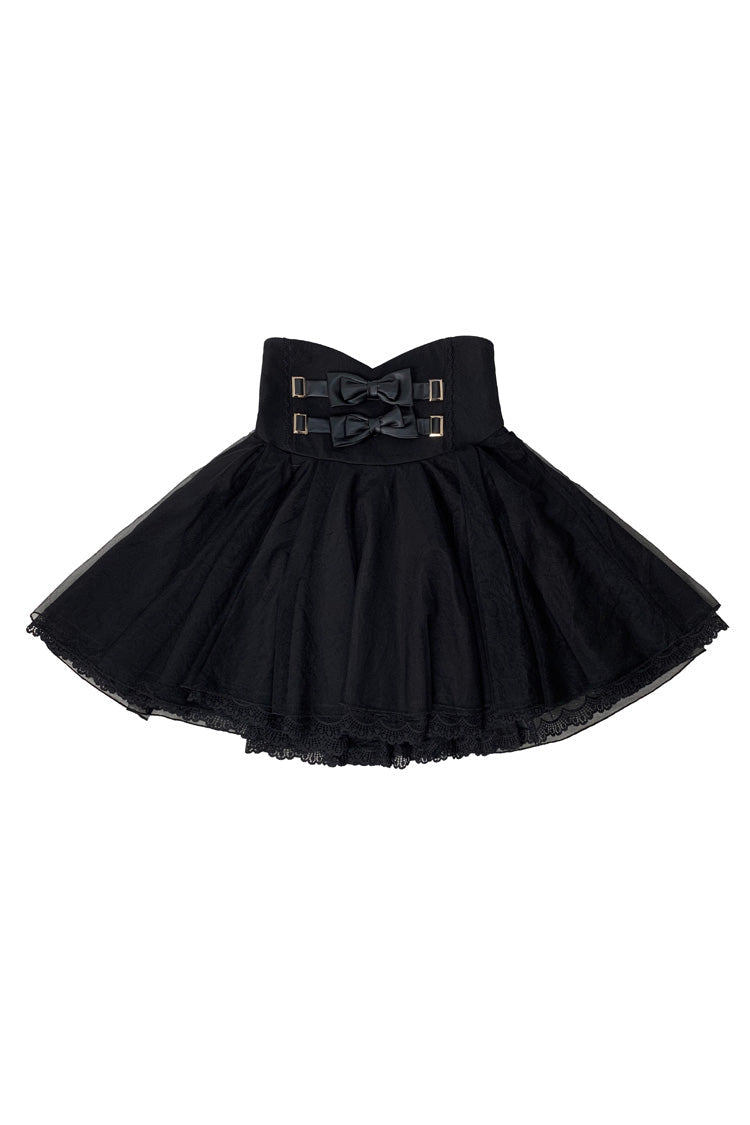 Black Solid Color Bowknot Sweet Jirai Kei Japanese Skirt - Product - 3