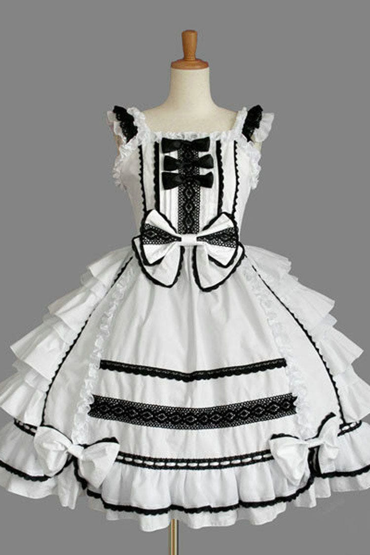 Color Stitching Lace Square Neck Cap Sleeve Knee Length Ruffled Bowknot Classic Lolita Dress - White - 1