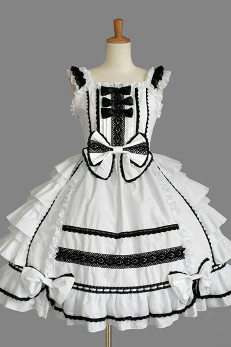 Color Stitching Lace Square Neck Cap Sleeve Knee Length Ruffled Bowknot Classic Lolita Dress - White - 1