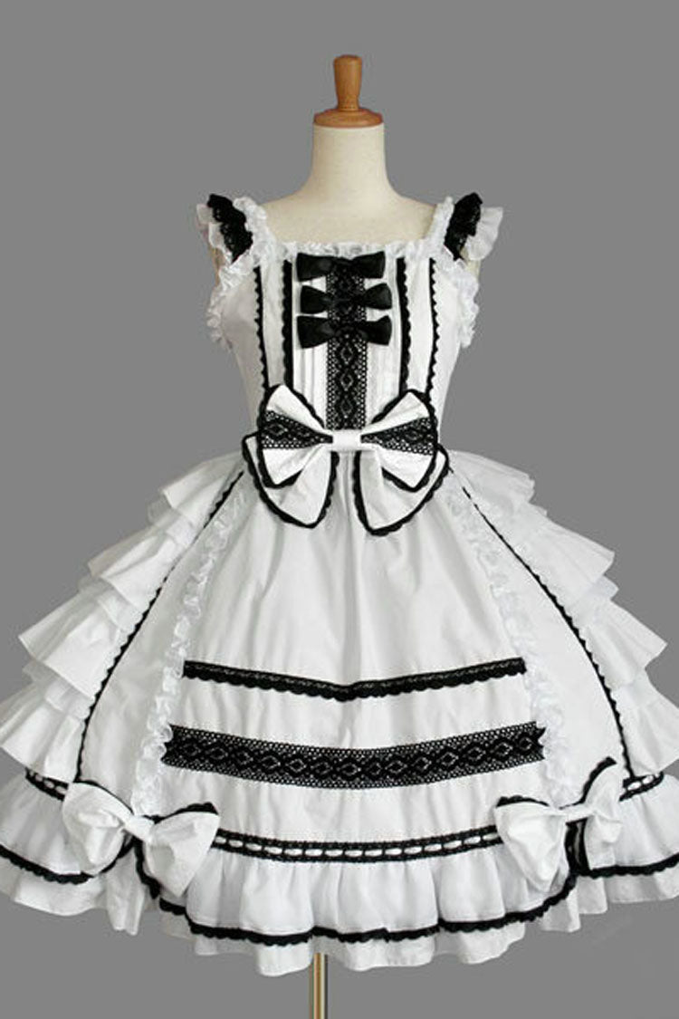 Color Stitching Lace Square Neck Cap Sleeve Knee Length Ruffled Bowknot Classic Lolita Dress - White - 1