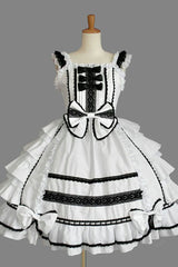 Color Stitching Lace Square Neck Cap Sleeve Knee Length Ruffled Bowknot Classic Lolita Dress - White - 1