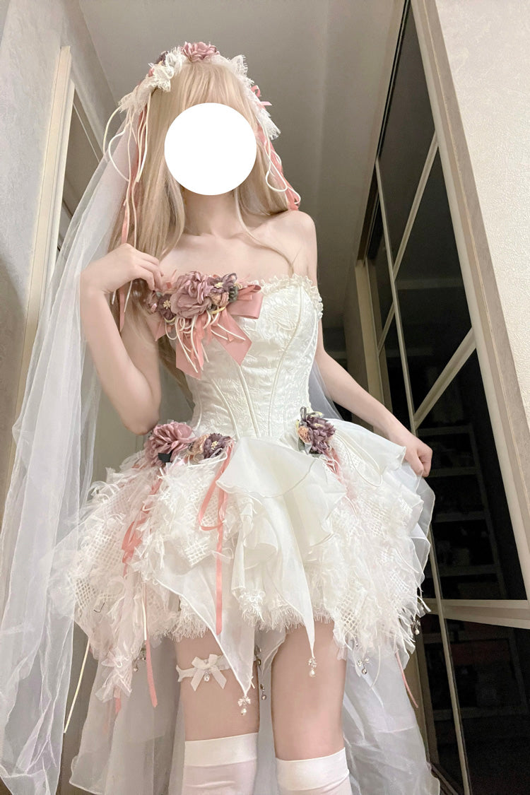 White Sleepless Poem Fishbone Bowknot Asymmetric Sweet Lolita Jsk Dress - White - 1