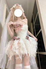 White Sleepless Poem Fishbone Bowknot Asymmetric Sweet Lolita Jsk Dress - White - 1