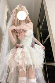 White Sleepless Poem Fishbone Bowknot Asymmetric Sweet Lolita Jsk Dress - White - 1