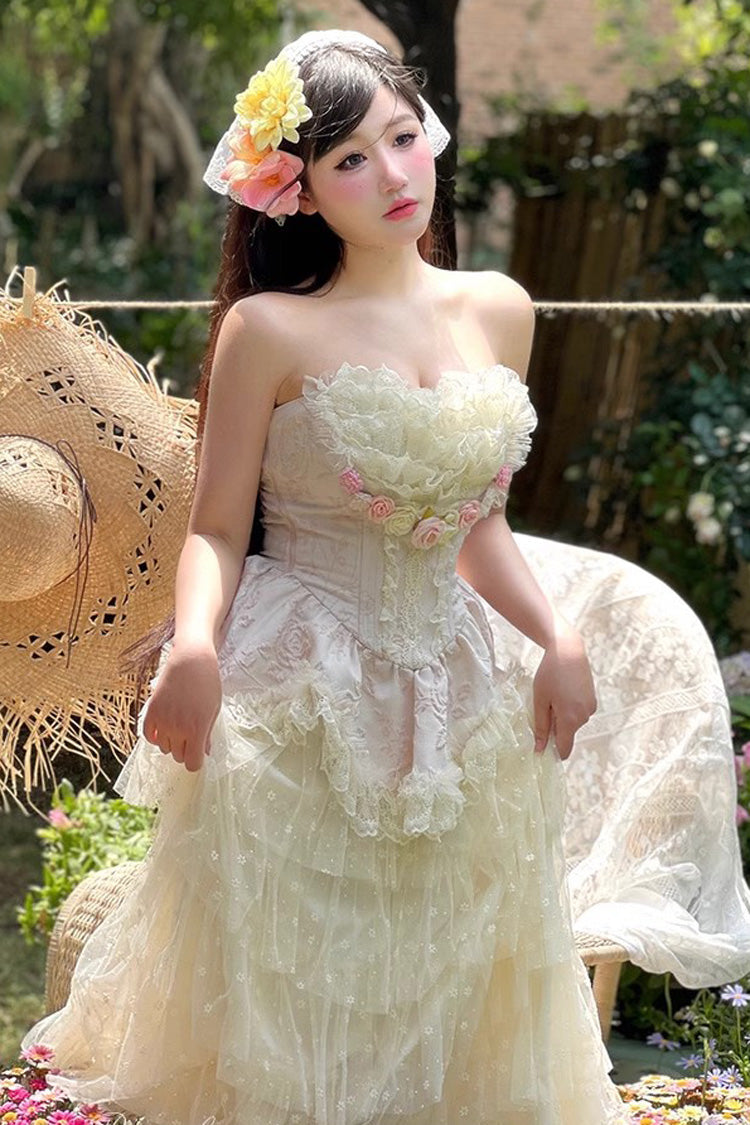 Pink Flower Goddess of Love Ruffle Bowknot Lace Sweet Elegant Lolita Maxi Skirt Dress Set - Product - 11