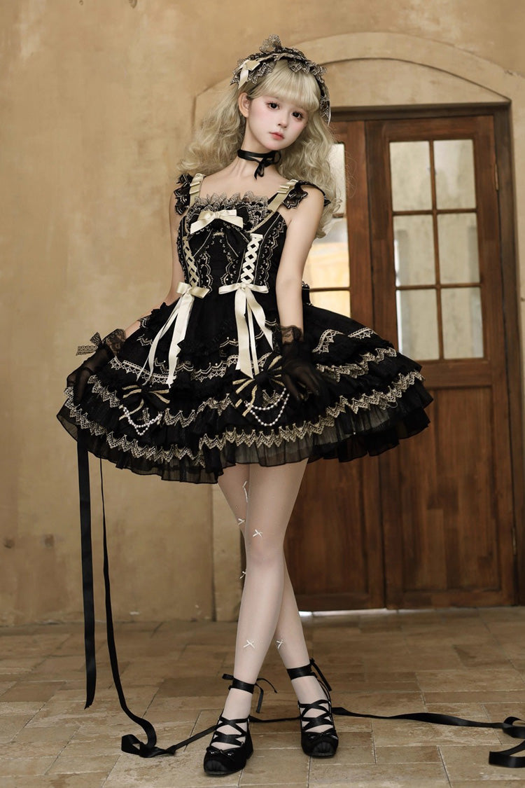 Black [Gilded Memories] Sleeveless Double-Layered Ruffle Hot Stamping Bowknot Lace Sweet Lolita Jsk Dress - Product - 4