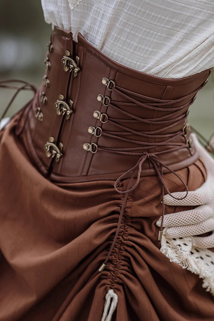 Brown Lace-Up Classic Vintage Leather Waist Lolita Belt with Metal Horn Buckle - Product - 3