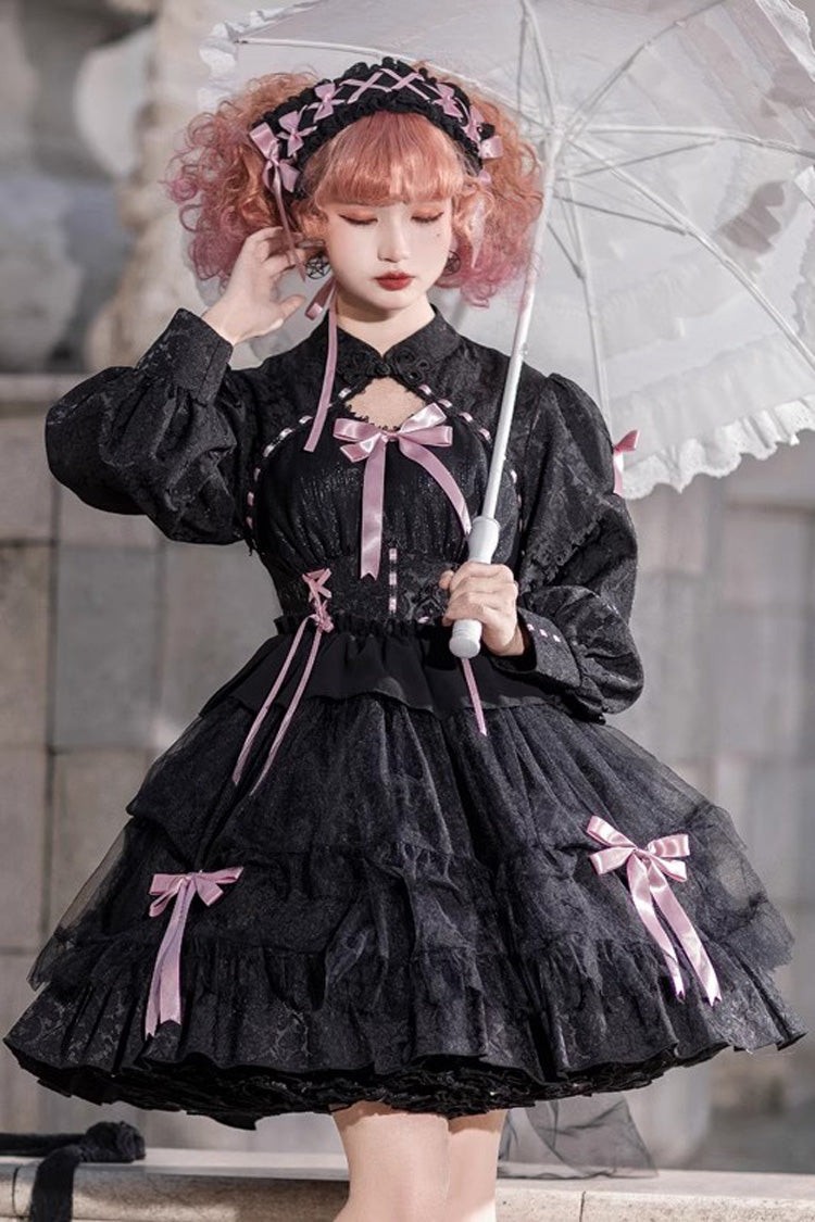[Love Song] Long Sleeves Multi-Layered Jacquard Ruffle Bowknot Sweet Gothic Lolita Dress 3 Colors - Black/Pink - 1