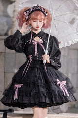 [Love Song] Long Sleeves Multi-Layered Jacquard Ruffle Bowknot Sweet Gothic Lolita Dress 3 Colors - Black/Pink - 1