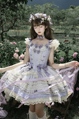[Wind Chime Poem] Square Collar Flutter Sleeves Triple-Layered Printed Ruffled Bow Sweet Lolita Jsk Dress 4 Colors (Blue, Pink, Purple, Green) - Purple - 1