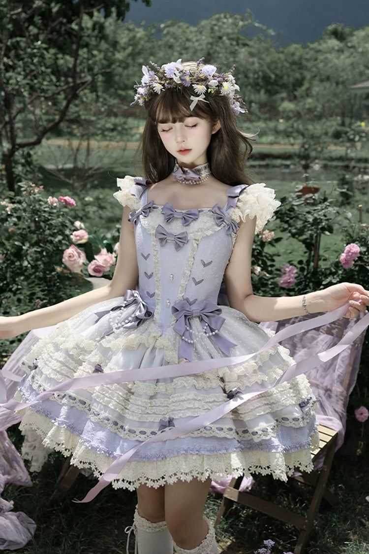[Wind Chime Poem] Square Collar Flutter Sleeves Triple-Layered Printed Ruffled Bow Sweet Lolita Jsk Dress 4 Colors (Blue, Pink, Purple, Green) - Purple - 1