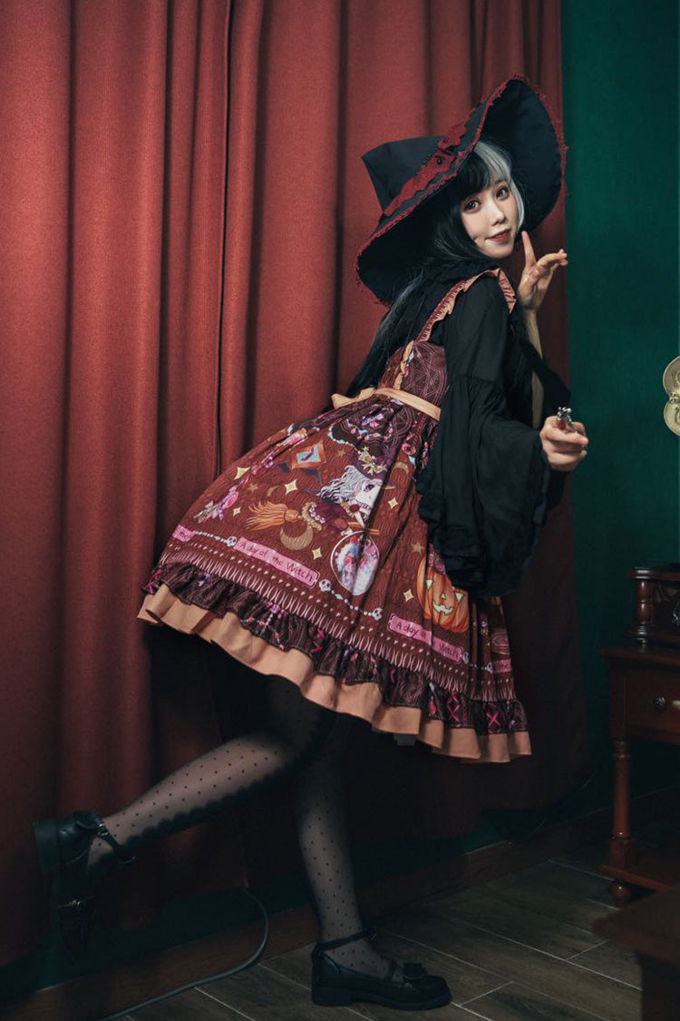Brown [Little Witch] Sleeveless Print Ruffle Bowknot Sweet Elegant Lolita Jsk Dress - Product - 4