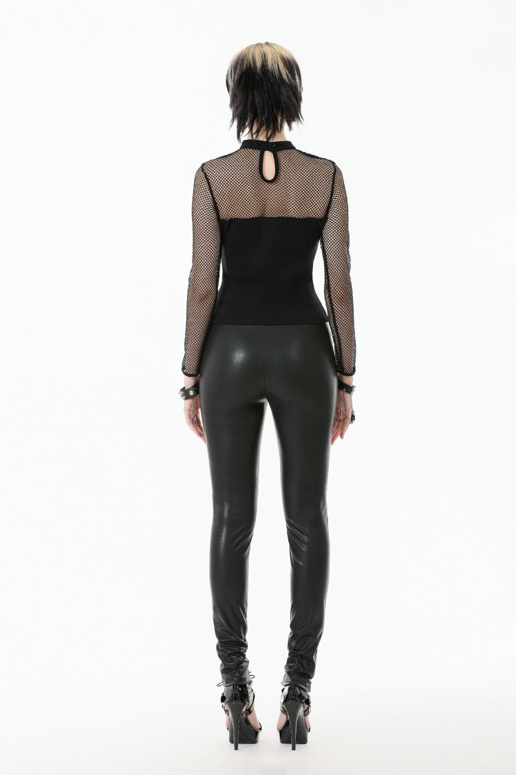 Black Women's Punk Long Sleeves Cut-Out Buckled Strap Mesh Splice Top - Product - 4