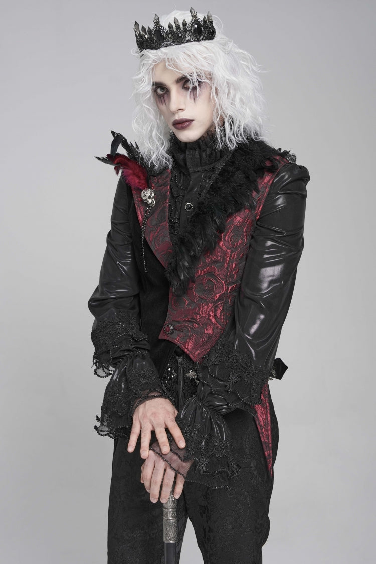 Black Long Sleeves Rose Print Irregular Contrast Color Men's Gothic Vest with Detachable Feather Accessory - Product - 8