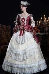 Wine/Ivory Long Hime Sleeves Lace-Up Classic Vintage Palace Lolita Victorian Dress - Product - 6