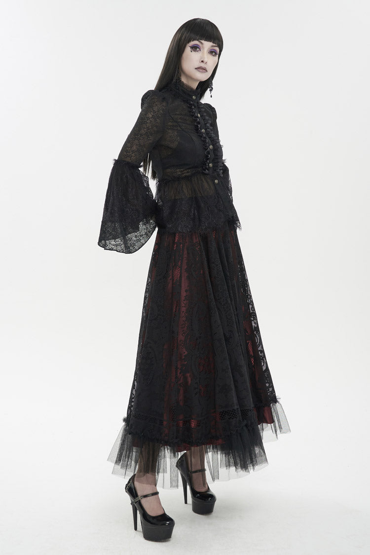 Black Lace Round Collar Flared Sleeved Women's Gothic Shirt - Product - 4