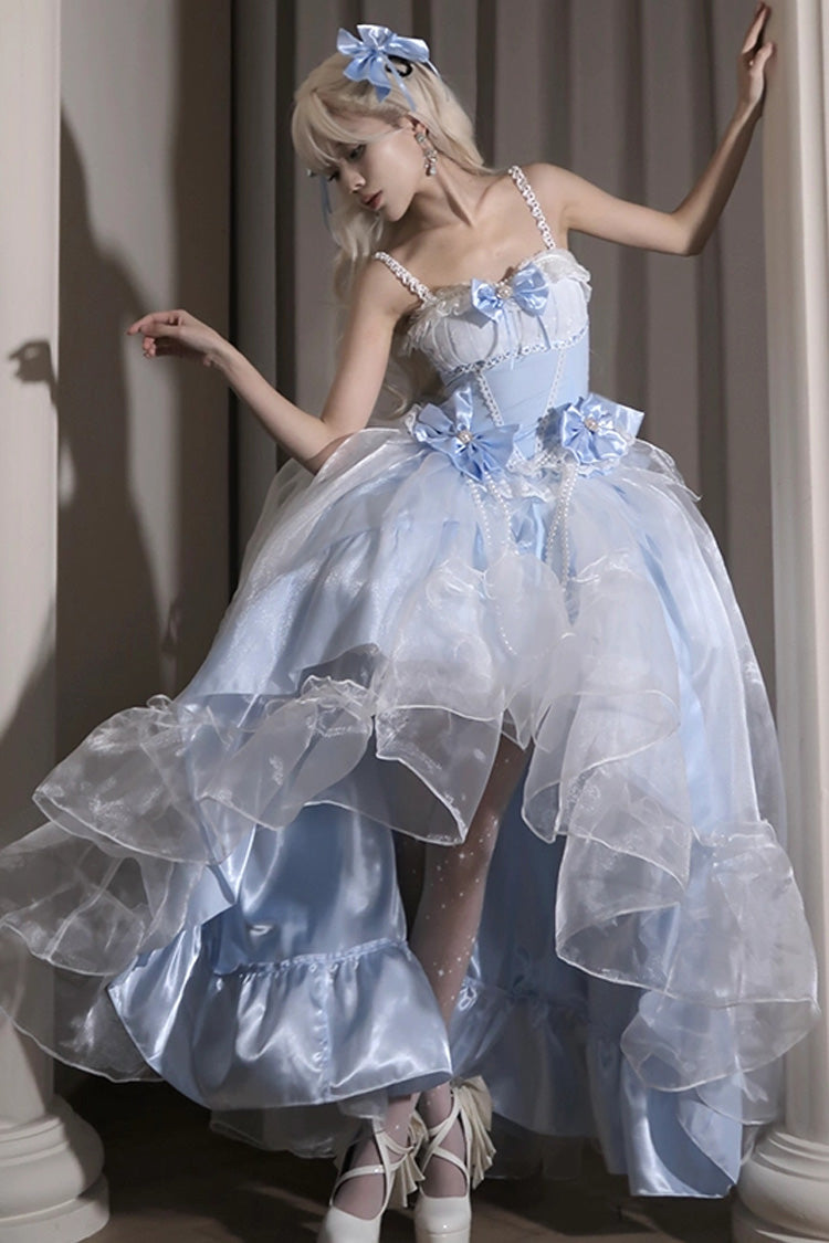 Blue/White Porcelain Printed Ruffled Bow Lace High-low Sweet Plus Size Lolita Jsk Dress(Long Version) - Product - 8