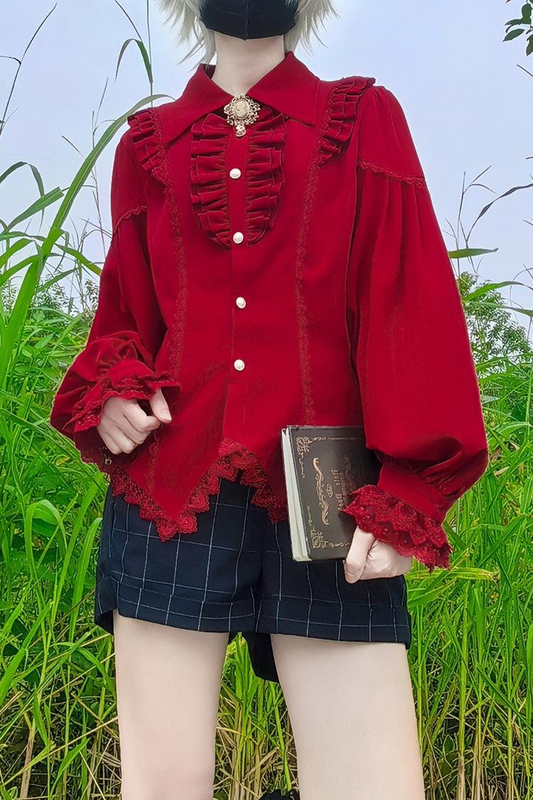 [Late Night] Lapel Collar Long Sleeves Ruffle Lace Slim Sweet Lolita Blouse 6 Colors - Product - 19