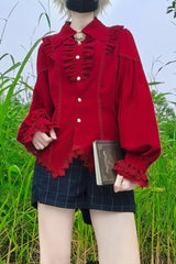[Late Night] Lapel Collar Long Sleeves Ruffle Lace Slim Sweet Lolita Blouse 6 Colors - Product - 19