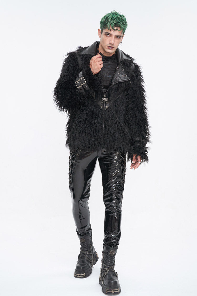 Black Lapel Collar Collar Faux Fur Men's Punk Jacket - Product - 3