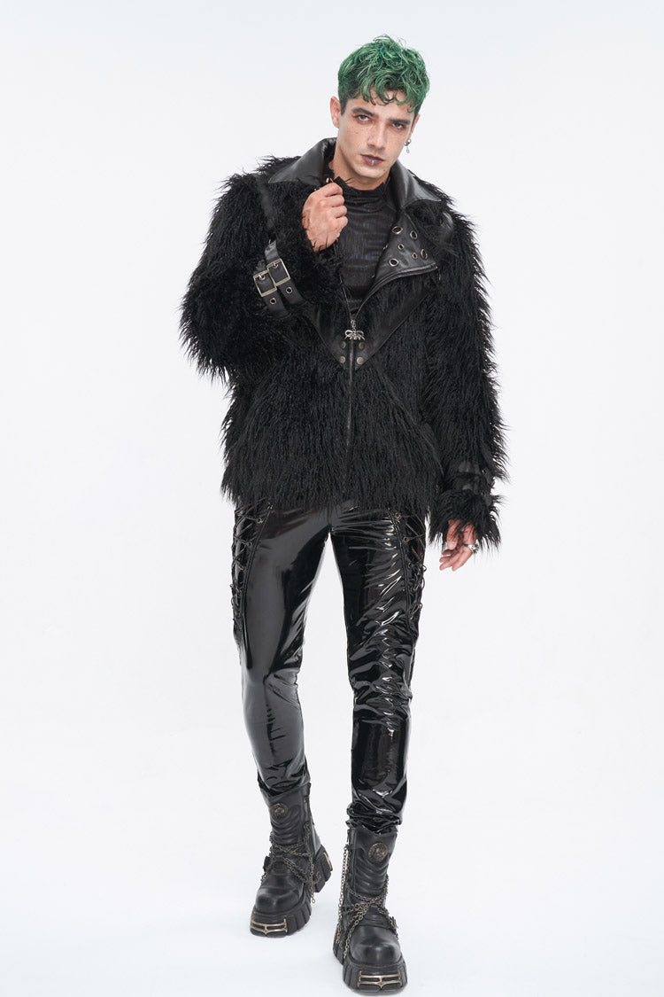 Black Lapel Collar Collar Faux Fur Men's Punk Jacket - Product - 3