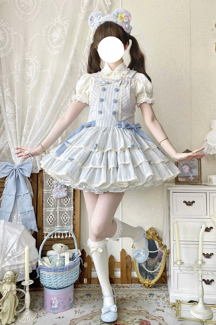 Light Blue Cotton Sleeveless Triple-Layered Printed Ruffled Bow Sweet Lolita Strap Dress - Product - 7