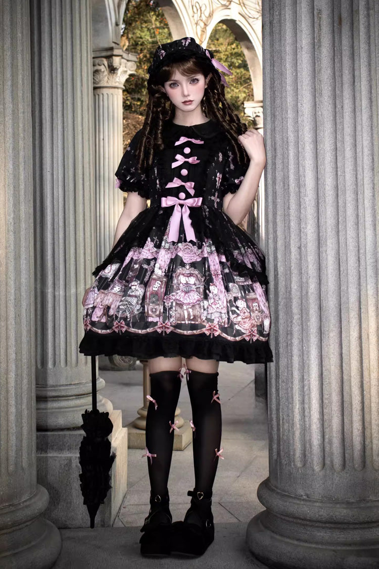 Black [The Case of the Missing Lamb] Print Long Sleeves Ruffle Bowknot Lace Gothic Lolita Dress - Product - 5