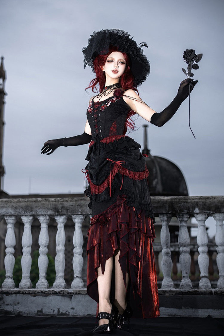 Black/Red [Rotten Bone Flower] Sleeveless Ruffled Embroidered Lace-Up Gothic Lolita Skirt Dress Set - Product - 9