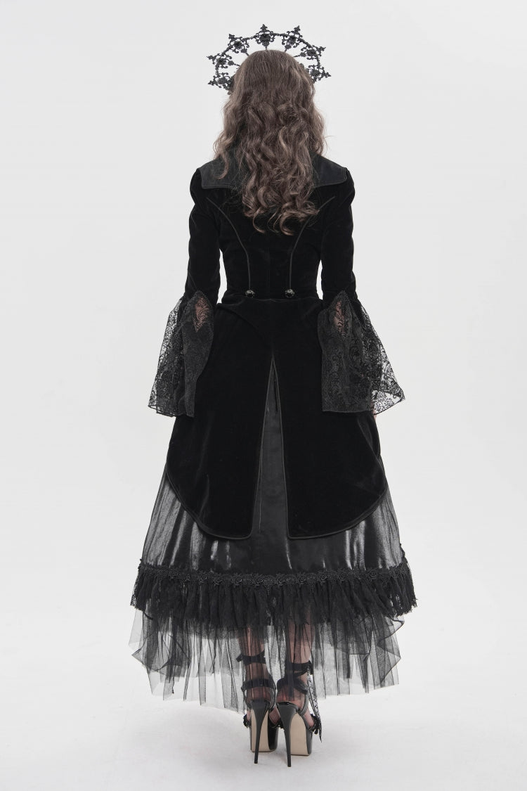 Black Long Trumpet Sleeves Embroidered Lace Slim Zippered Women's Gothic Bat Wing Collar Double-breasted Zip Jacket - Product - 2